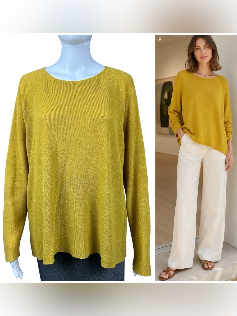 Eileen Fisher Organic Linen Knit Sweater Top XL Mustard Yellow Minimalist NEW